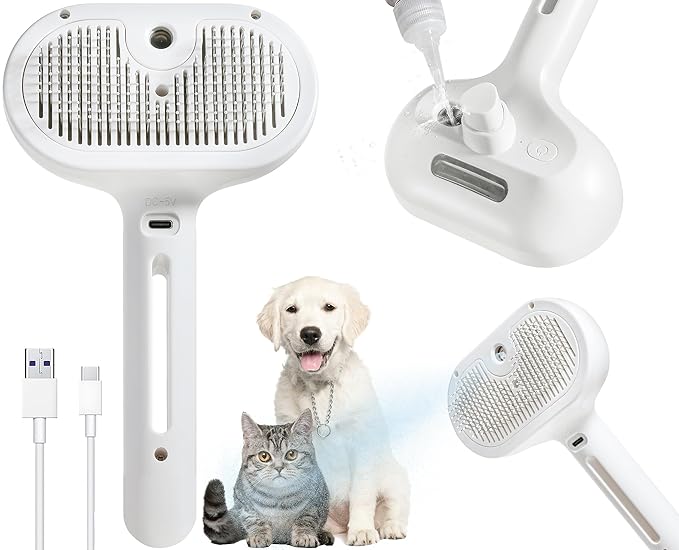 3-in-1 Steam Brush for Cats & Dogs - Water Spray Pet Grooming Brush with Hair Removal Comb