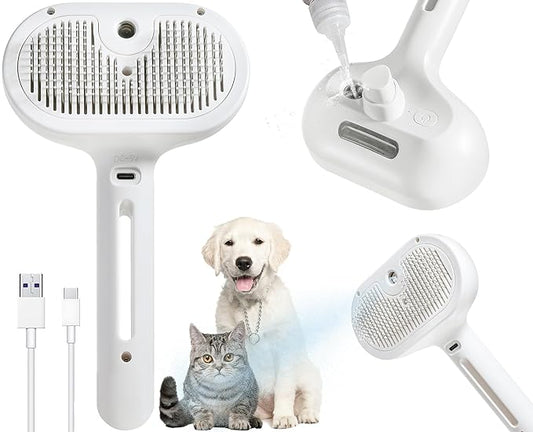 3-in-1 Steam Brush for Cats & Dogs - Water Spray Pet Grooming Brush with Hair Removal Comb